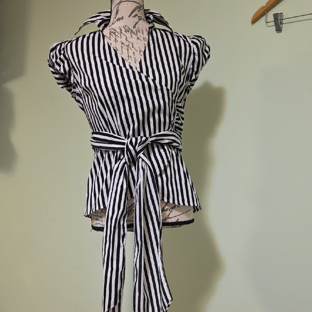 INC International Concepts Black and White Wrap Blouse